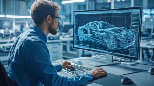 Man designing an upcoming car via computer software